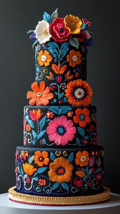 a multi - tiered cake decorated with colorful flowers