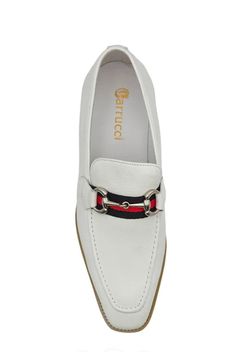 Calfskin Slip-On Horsebit Loafer White Stunning Burnished Textured Calfskin slip-on Loafer from our Exclusive Maurice collection features Silvertone Horsebit Buckle over Tri Colored Ribbon, full Leather Lining, a clean welt and a Lightweight Tri Colored Rubber Sole! More sizes to arrive by the end of October. Classic White Slip-ons With Flat Heel, White Almond Toe Slip-ons For Business, White Pointed Toe Slip-ons For Work, White Flat Heel Dress Shoes For Business, White Leather Slip-ons For Office, Classic White Flat Heel Slip-ons, Classic White Flat-heel Slip-ons, Classic White Almond Toe Slip-ons, Elegant White Leather Slip-ons