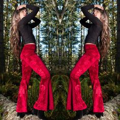 New! Ruby Red Velvet Bell Bottoms W/ An Embossed Floral Print. These Pants Are A Perfect Fit In Waist & Hips With A Mid-Rise Waistband Which Hits Just Under The Belly Button. Hugs Legs To The Knee Then Flares Out Into Bell Bottoms. Fit Runs Smaller Than Normal Warrior Within Fit. Fabric Is A Velvet With 5% Spandex. Our Normal Stretch Velvet Has 10% Spandex. So We Suggest Size Up From Your Normal Size To Ensure Best Fit. Aproximate Inseam In Inches: Xs- 31, S-32, L-34 Stretch Red Pants For Festivals, Red Stretch Pants For Festivals, Red Full Length Pants For Festival, Red Full-length Festival Bottoms, Red Full-length Pants For Festival, High Waist Red Bottoms For Festival, Stretch Red Bottoms For Festival, Velvet Bell Bottoms, Embossed Velvet