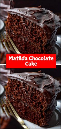 two pictures of a chocolate cake on a plate with a fork in front of it