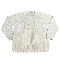 Vintage Ireland Hand Knitted Chunky 100% Merino Wool Fisherman Sweater M White Wool Knitted Sweater, White Wool Crew Neck Sweater, White Wool Cable Knit Sweater, White Wool Knitted Tops, Winter White Wool Knitted Sweater, Winter White Knitted Wool Sweater, White Knitted Wool Tops, Wool Cable Knit Crew Neck Top, White Wool Knit Sweater