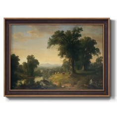 an oil painting on canvas of a landscape with trees and animals by a river in the foreground