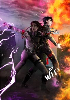 an image of two people in front of a fire and lightning background with the words wir on it