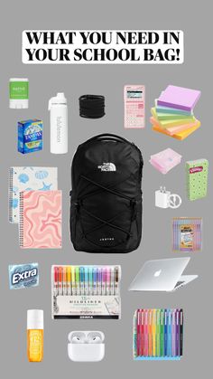 the back to school bag is full of supplies and items that include pens, notebooks, markers, pencils