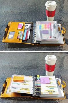 two photographs of a coffee cup and notebook on a table