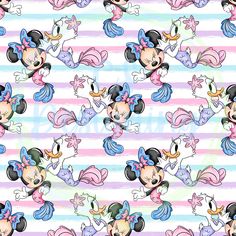 mickey and minnie mouse wallpaper with pink, blue, and white stripes in the background