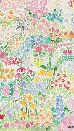 an image of colorful flowers and plants on white paper with green, pink, blue, yellow