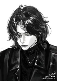 a black and white drawing of a person wearing a leather jacket with long hair in the wind