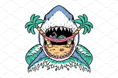 a drawing of a shark wearing a mask and holding a surfboard in it's mouth