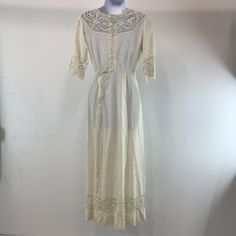 Vintage lace white dress Size: S 1908-1920s W 24 Fitted Off White Dress With Lace Work, Formal Maxi Dress With Lace Trim, White Lace Dress With Contrast Detail, White Lace Patchwork Dress For Formal Occasions, White Formal Lace Dress With Lace Patchwork, Formal White Lace Patchwork Dress, White Lace Trim Formal Dress, White Delicate Lace Dress For Formal Occasions, Formal White Dress With Lace Work