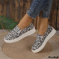 Olivia Mark - Leopard Print Casual Canvas Loafers Slip-On Lazy Shoes White Casual Low-top Loafers, White Casual Loafers With Cushioned Footbed, Casual White Loafers With Cushioned Footbed, Spring Slip-ons With Speckled Midsole And Round Toe, Casual White Sneakers, Canvas Loafers, Canvas Shoe, Shoe Sole, Pu Heels