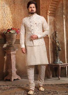 #cream #readymade #kurta #pajama #nehru #jacket #looking #handsome #new #arrivals #ethnic #outfit #ootd #mens #fashion #indian #attire #online #shopping Silk Churidar, Fancy Buttons