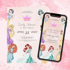 an iphone with princesses on it next to a pink background