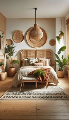 a bedroom with wicker furniture and plants on the wall