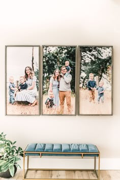 three pictures hanging on the wall above a bench