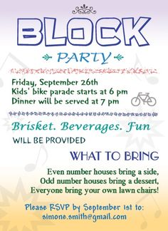 a flyer for a block party with an image of a bike and music notes on it