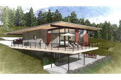 an artist's rendering of a modern house in the woods with deck and patio