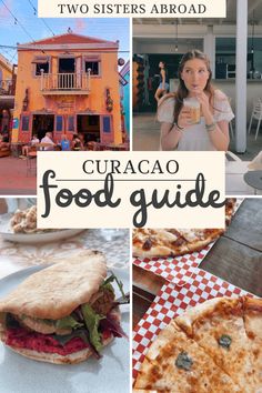 two sisters about curacao food guide in front of an orange building and pizza