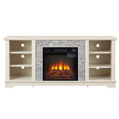 an entertainment center with a fireplace and shelves