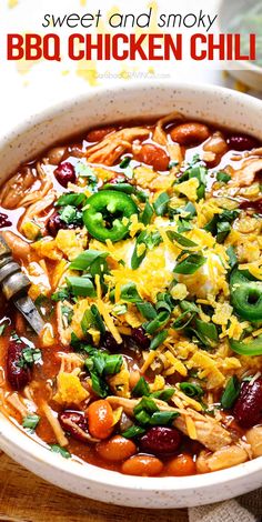 a bowl of sweet and smoky bbq chicken chili