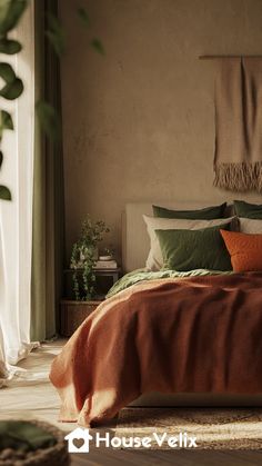 Earth-Toned Palettes Updated Peach Earth Tone Bedroom, Moody Earth Tones Color Palette, Rust And Olive Bedroom, Earth Toned Bedroom, Earth Tone Bedding, Terracotta And Green Bedroom, Earthy Room, Olive Bedroom, Earth Tone Bedroom