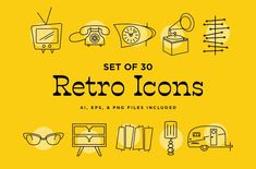 the set of retro icons is shown in black and yellow