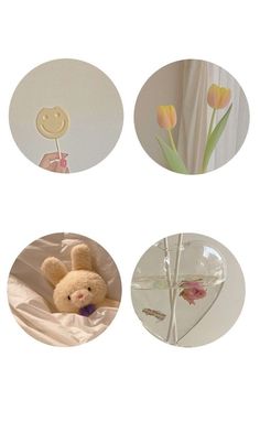 four different pictures with flowers and a teddy bear in the middle one has a smiley face on it