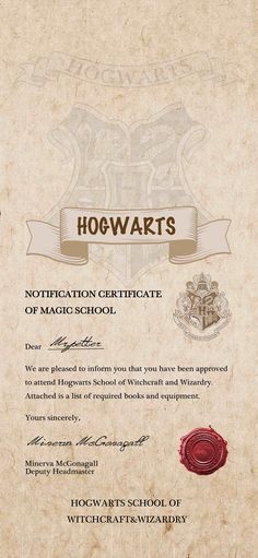 hogwart's certificate is displayed on an old paper