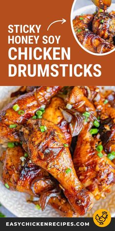 sticky honey soy chicken drumsticks on a plate with text overlay that reads sticky honey soy chicken drumsticks