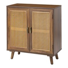 a wooden cabinet with latticed doors and legs