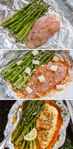 three different views of chicken and asparagus wrapped in tin foil with seasoning