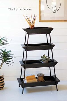 three tiered shelf with plants and books on it next to a potted plant