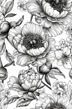 black and white flowers with leaves on a white background, seamless wallpaper pattern