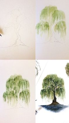 four different stages of drawing a tree with watercolor pencils on paper, and then using the same technique to draw it