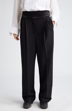 A cummerbund-inspired satin waistband hits a fun and formal note for pleated pants cut from pure wool. 30 1/2" inseam; 20" leg opening; 14" front rise; 16 1/2" back rise (size 42IT) Zip fly with hook-and-bar closure Front slant pockets; back welt pockets 100% wool with 100% polyester contrast Dry clean Imported Designer Clothing Timeless Semi-formal Wide Leg Bottoms, Elegant Wide Leg Bottoms For Semi-formal Occasions, Classic Wide-leg Pants With Pleated Waist, Formal Wide Leg Pants With Belt Loops, Silk Wide Leg Pants For Work, Formal Silk Straight Leg Wide Pants, Formal Silk Wide Leg Pants, Formal Wide Leg Pants With Pleated Waist, Silk Wide Leg Pants For Formal Occasions