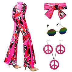 PRICES MAY VARY. 【70s Costumes Set】You will receive in total 6 pices set - 1 hippie flared bottom pants, 1 headband, 1 sunglass, 1 peace sign necklace and 1 pair peace sign of earrings. A perfect outfit set for 60s 70s 80s theme parties. 【Comfortable Pants with Vintage Accessaries】The flared pants are made of 85% polyester and 15% spandex fabric, it is soft, stretchy, lightweight, smooth, breathable, make you feel comfortable and show your curve, the necklace and earrings are made of primium pla Cheap Retro Orange Pants, Fitted Hippie Party Pants, Fitted Hippie Pants For Party, Fitted Hippie Style Pants For Party, Pink Bottoms For Costume Party In Summer, Pink Bottoms For Summer Costume Party, Fun Fitted Party Bottoms, Retro Multicolor Party Bottoms, Disco Style Bottoms For Spring Costume Party