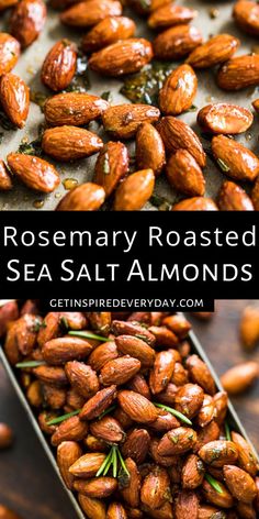 rosemary roasted almonds in a tin with text overlay