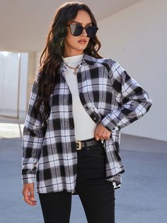 Black and White Casual Collar Long Sleeve Fabric Plaid Shirt Embellished Non-Stretch Spring/Fall Women Tops, Blouses & Tee Plaid Long Sleeve Shirt Women, Women Buffalo Plaid Shirt, Plaid Flannel Shirt Women, Lisa Plaid Shirt, Checkered Shirt Outfit Women, Checkered Shirt Outfit, Flannel Shirt Outfit, Plaid Shirt Outfits, Black Plaid Shirt