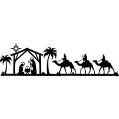 christmas scene with three wise men riding on camels and the birth of jesus in silhouette