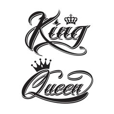 the word king and queen written in cursive font with a crown on top