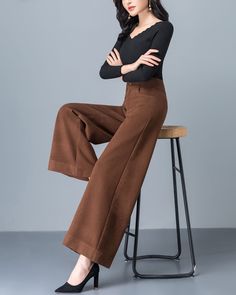 * A wide leg pants for autumn and winter, made of quality cotton blends. * Two pockets, they are big enough for your hands. * Material: 55% cotton, 22% polyester, 18% nylon, 5% spandex * Let us know your usual size in your country and your overall height. * Can custom make waist size and length. * Size: True to US size, US 0-US 20 are available, you can let us know your usual size and height in your order. * Shipping: Free shipping Processing time : 5-7 Business days Delivery time : 7-20 Busines Fall Cotton Wide Leg Pants Full Length, Fall Cotton Wide Leg Full Length Pants, Fall Full-length Cotton Wide Leg Pants, Brown Wide Leg Trousers For Fall, Brown Wide Leg Ankle-length Pants With Pockets, Brown Ankle-length Wide Leg Pants With Pockets, Brown Wide Leg Cargo Pants For Fall, Brown Wide Leg Pants With Pockets For Winter, Brown Baggy Wide Leg Pants For Work