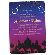 an arabian night party with camels and stars in the sky on purple and blue background