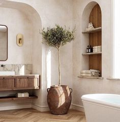 a bath room with a tub a sink and a potted plant on the floor