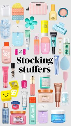 the words stocking stuffers are surrounded by many different types of cosmetics and beauty products