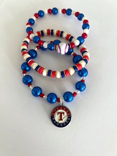 Beaded Texas Ranger bracelet set. You can choose the size (7.0 is the standard size). Great gift for Baseball game, Fourth of July Baseball lover, Dinner party, Girls night, Birthday parties, matching your outfit, Stylish and cute. Baseball Opening Day, Baseball Jewelry, Party Girls Night, Texas Ranger, Baseball Gifts, Baseball Game, Jewelry Beaded, Opening Day, Blue Jewelry