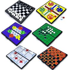 four different color and pattern board games on a white background