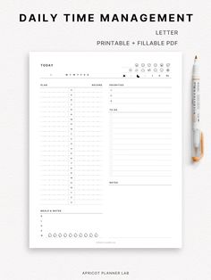 a printable daily planner with the text daily time management on it and a pen next to it