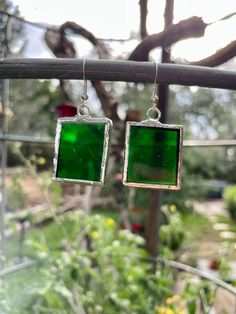 Beautiful handmade stained glass earrings! These earrings are made with a stunning emerald green glass Stained Glass Earrings, Stained Glass Jewelry, Stained Glass Christmas, Glass Jewellery, Stain Glass, Holiday Tree, Glass Earrings, Blue Diamond, Glass Jewelry