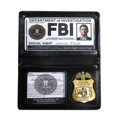 an id card holder with two identification cards and a police badge on the front pocket