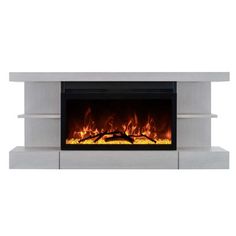 an electric fireplace with fire flames in the center and two shelves on either side,